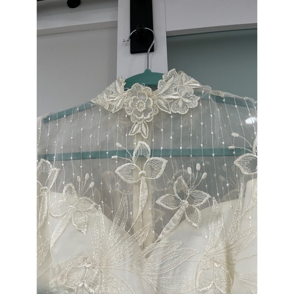 Vintage 80s Victorian Revival Wedding Dress Ivory High Neck Sheer Lace Illusion - Picture 8 of 16